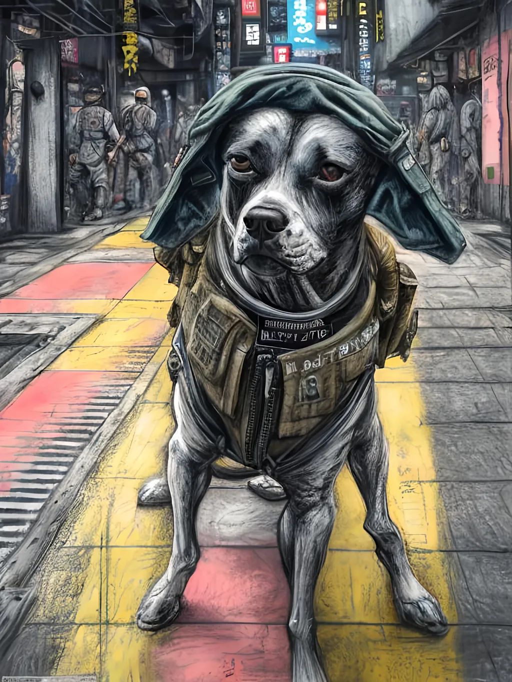 Prompt: chalk pastel art of a detailed dog military clothes in the streets in cyberpunk japan during a festival, sketch, detailed background, highres, fun atmosphere, natural lighting,  abstract, fun