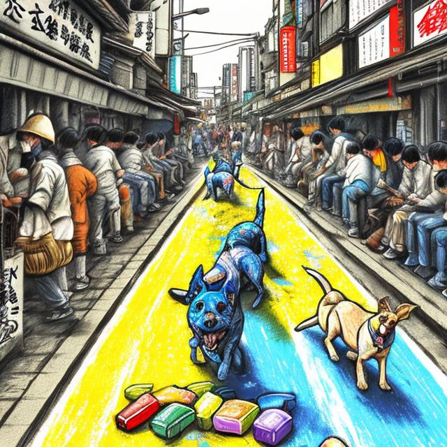 Prompt: pop art chalk pastel art of detailed dogs playing in the streets in japan during a festival, sketch, detailed background, highres, fun atmosphere, natural lighting, pastel colors, abstract, fun