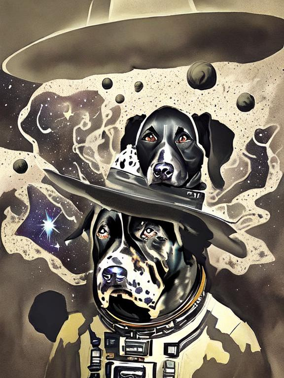 Prompt: Surrealism black dogs in cowboy outfits in space, abstract art style, cowboy hat, fun atmosphere, floating celestial bodies, mysterious nebulae, dreamlike, surreal, high contrast, otherworldly, abstract, space, astronaut, fun atmosphere, celestial bodies, dreamlike, surreal, high contrast, mysterious, nebulae, dogs, Pro trump clothing