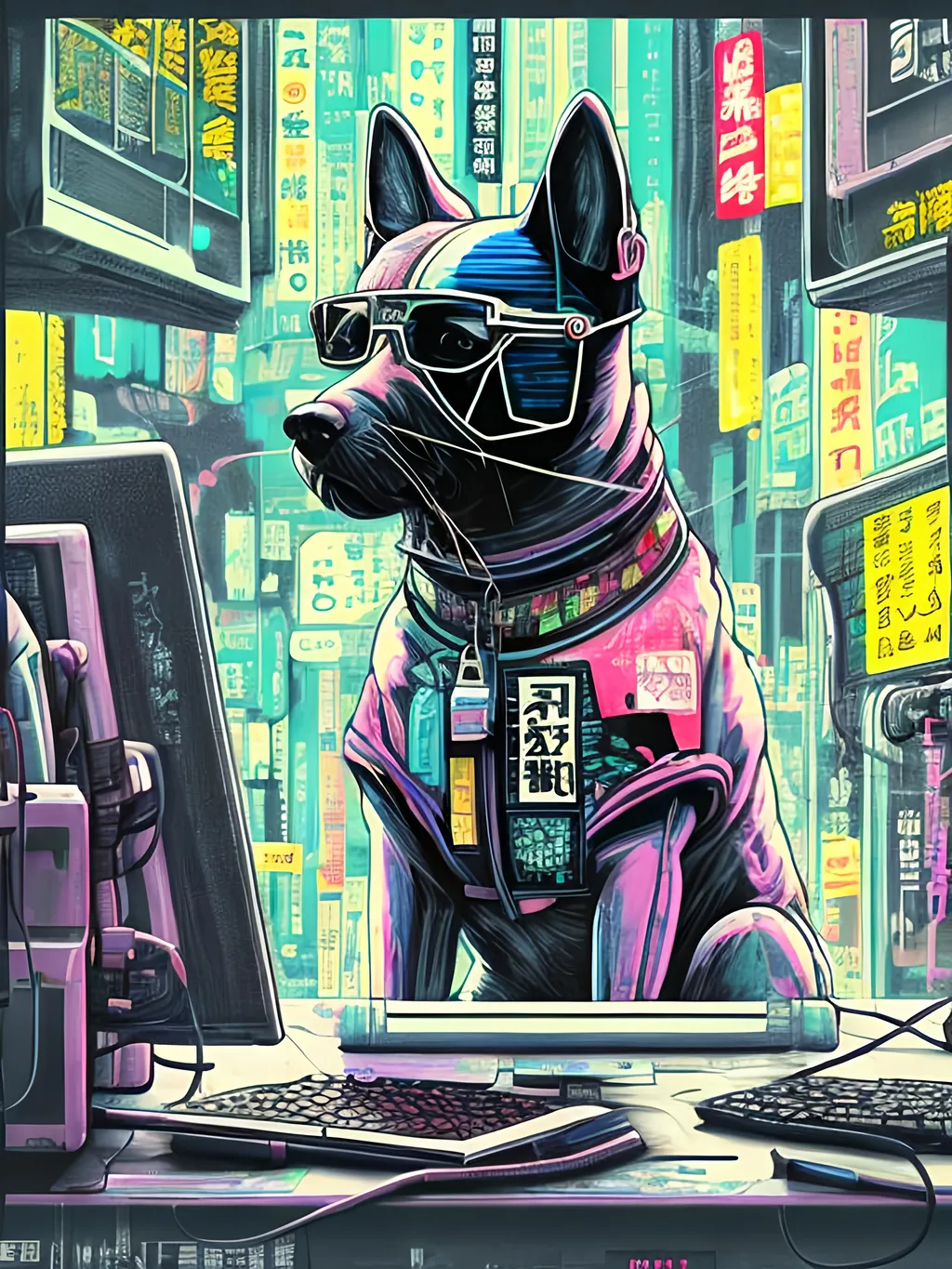 Prompt: pop art chalk pastel art of detailed dog hacking computers in cyberpunk japan, sketch, detailed background, highres, fun atmosphere, natural lighting,  abstract, fun