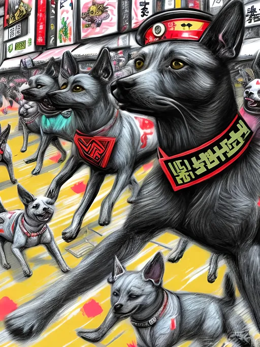 Prompt: pop art chalk pastel art of detailed dogs wearing nazi uniforms playing in the streets in japan during a festival, sketch, detailed background, highres, fun atmosphere, natural lighting,  abstract, fun