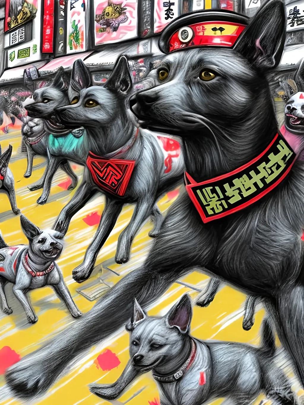 Prompt: pop art chalk pastel art of detailed dogs wearing nazi uniforms playing in the streets in japan during a festival, sketch, detailed background, highres, fun atmosphere, natural lighting,  abstract, fun