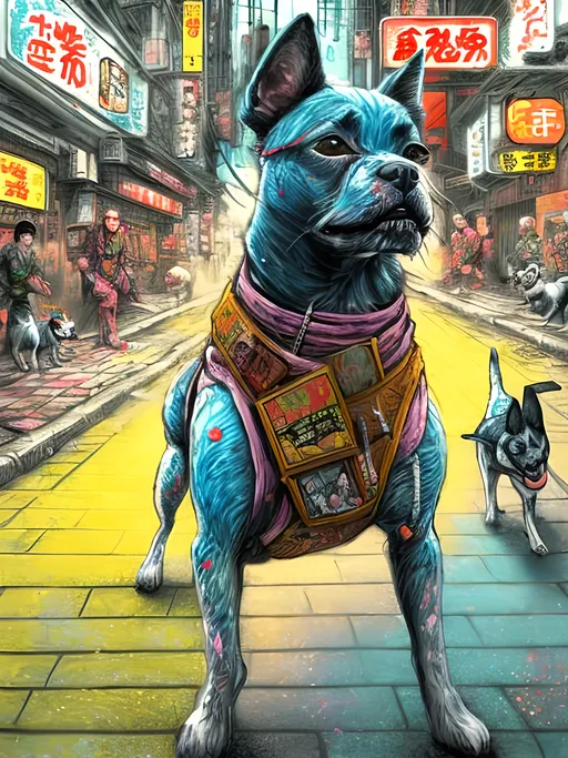 Prompt: pop art chalk pastel art of detailed dogs wearing ninja clothes playing in the streets in cyberpunk japan during a festival, sketch, detailed background, highres, fun atmosphere, natural lighting,  abstract, fun