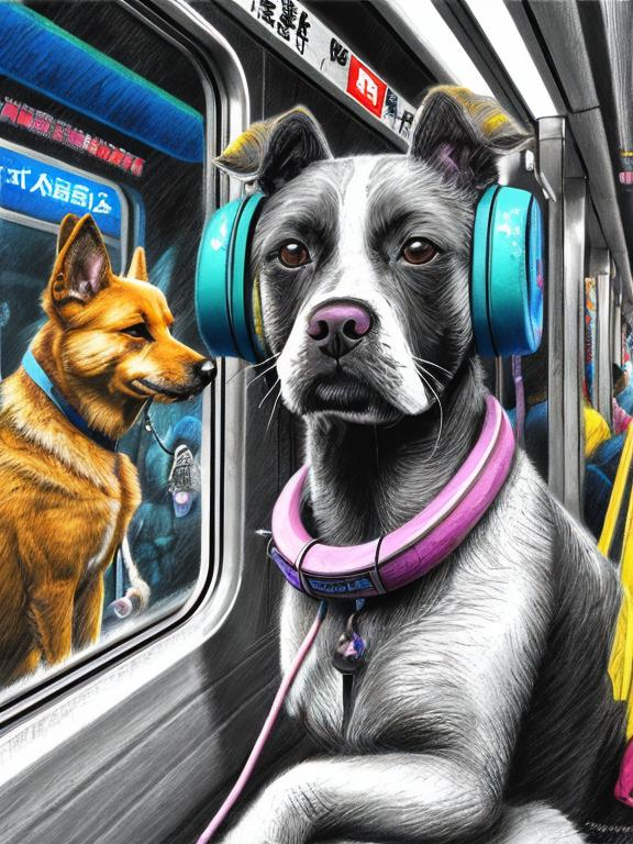 Prompt: pop art chalk pastel art of a detailed dog listening to music on the train in cyberpunk japan during a festival, sketch, detailed background, highres, fun atmosphere, natural lighting,  abstract, fun