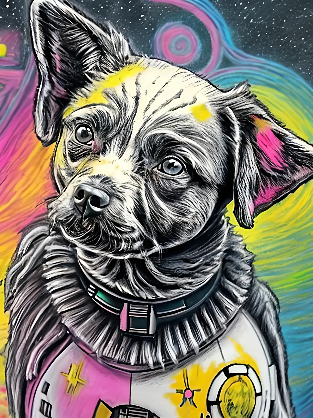 Prompt: pop art chalk pastel art of detailed dog in star wars, sketch, detailed background, highres, fun atmosphere, natural lighting,  abstract, fun