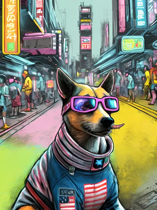 Prompt: pop art chalk pastel art of detailed dog wearing USA clothes playing in the streets in cyberpunk japan during a festival, sketch, detailed background, highres, fun atmosphere, natural lighting,  abstract, fun