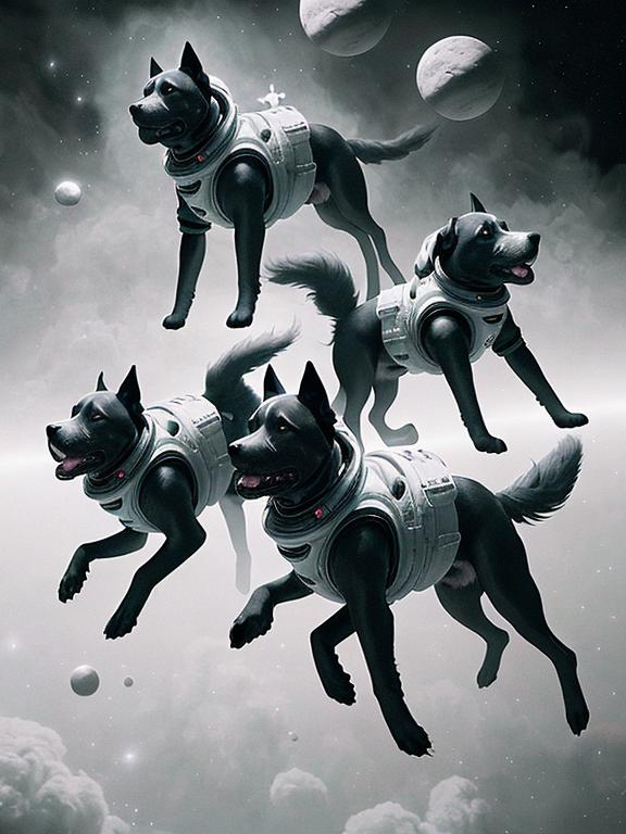 Prompt: Surrealism black dogs in astronaut outfits in space, abstract art style, eerie atmosphere, floating celestial bodies, mysterious nebulae, monochromatic palette, dreamlike, surreal, high contrast, otherworldly, abstract, space, astronaut, eerie atmosphere, celestial bodies, dreamlike, surreal, high contrast, mysterious, nebulae, dogs