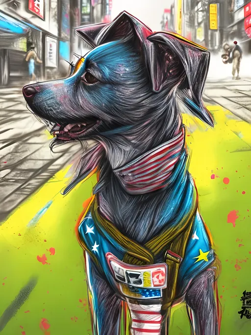 Prompt: pop art chalk pastel art of detailed dog wearing usa clothes playing in the streets in dystopian japan during a festival, sketch, detailed background, highres, fun atmosphere, natural lighting,  abstract, fun