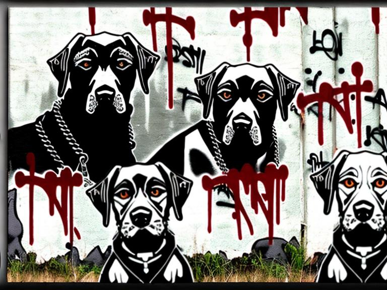 Prompt: mountain cur black dogs in gangster clothing graffiti