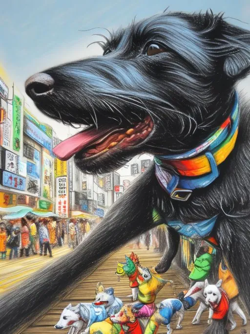 Prompt: pop art chalk pastel art of detailed dogs wearing clothes playing in the streets in japan during a festival, sketch, detailed background, highres, fun atmosphere, natural lighting,  abstract, fun