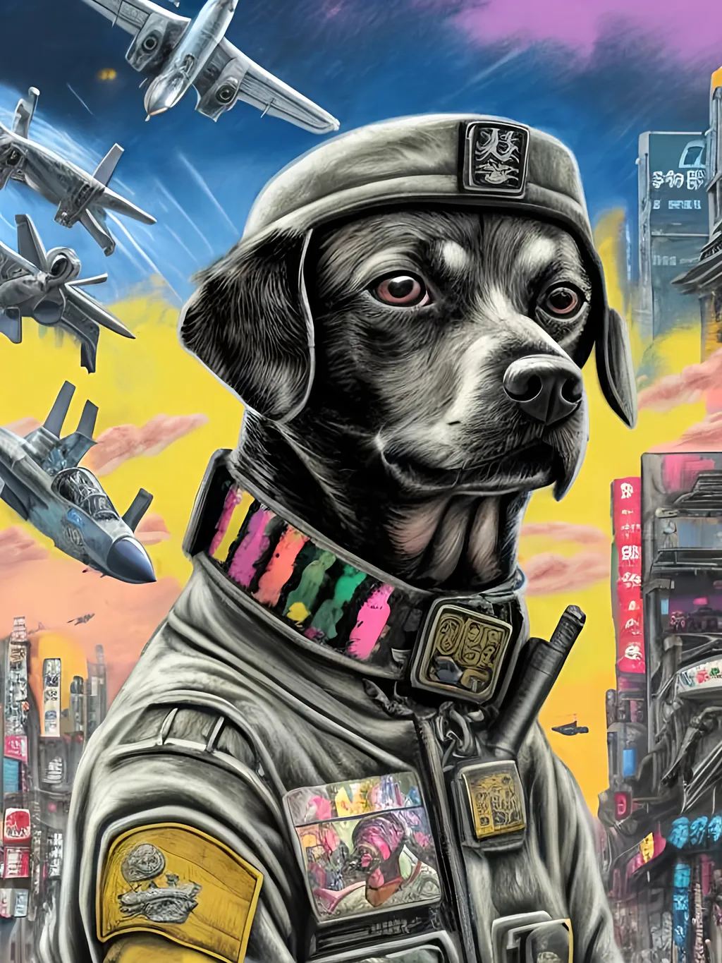 Prompt: pop art chalk pastel art of a detailed dog wearing a military uniform on the streets in cyberpunk japan during a festival with planes in the background, sketch, detailed background, highres, fun atmosphere, natural lighting,  abstract, fun