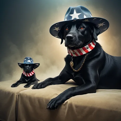 Prompt: Surreal, abstract art of black dogs in patriotic soldier outfits, cowboy hat, high contrast, dreamlike, otherworldly, fun atmosphere, mysterious, professional art, abstract, highres, vibrant colors, atmospheric lighting, USA, surreal style, vibrant, high-quality