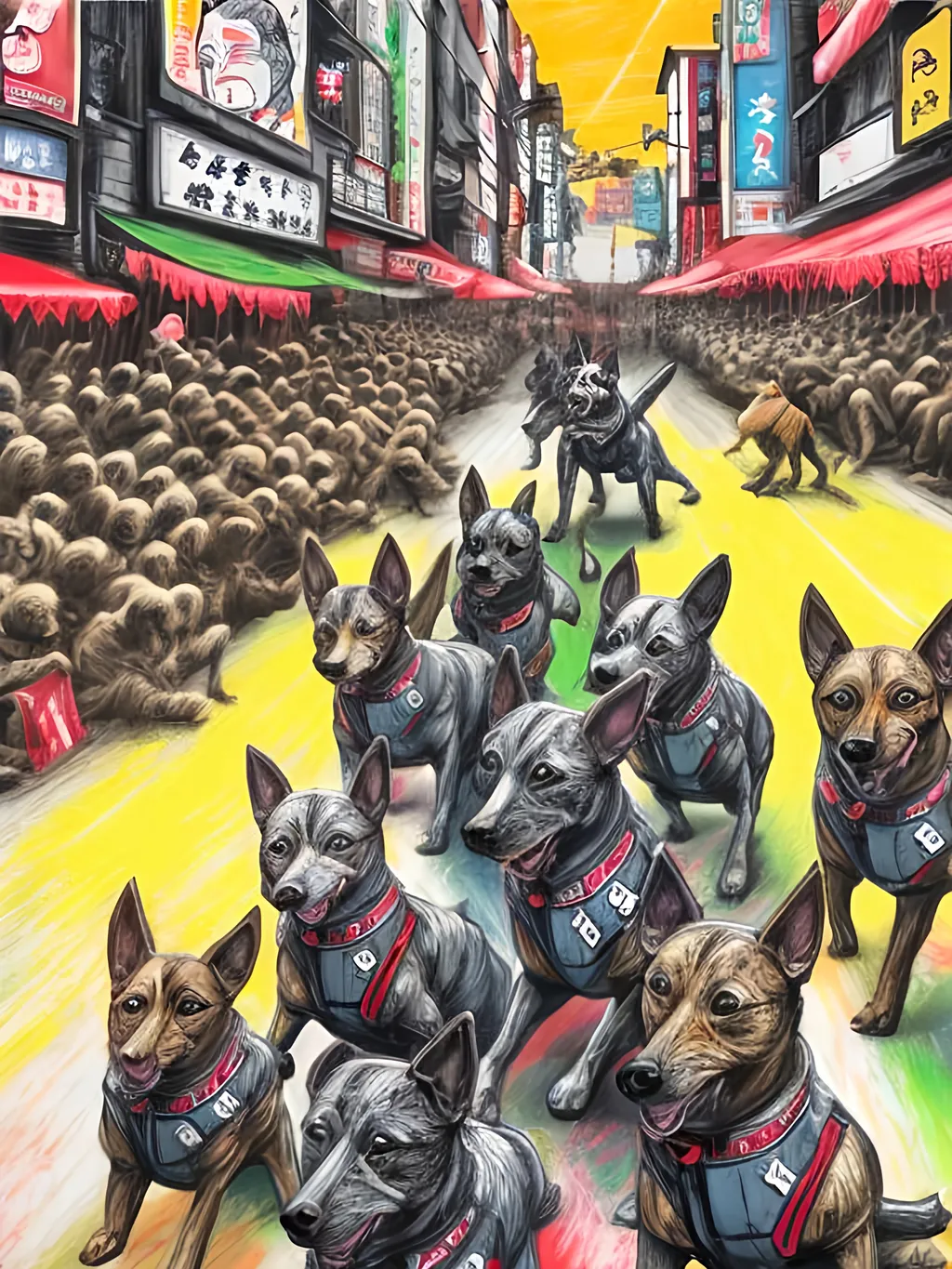 Prompt: pop art chalk pastel art of detailed dogs wearing nazi uniforms playing in the streets in japan during a festival, sketch, detailed background, highres, fun atmosphere, natural lighting,  abstract, fun