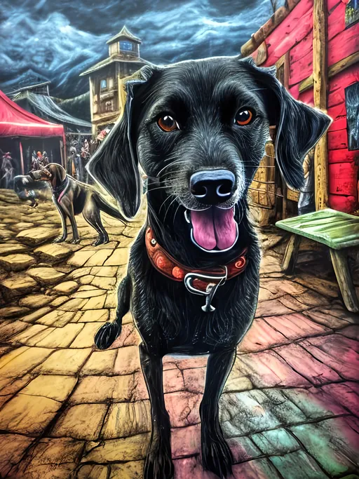 Prompt: Detailed mountain cur all black dog at a renaissance fair, festival, pop art chalk pastel, grunge, highres, abstract, natural lighting, lively atmosphere, fun, vibrant, happy-go-lucky, detailed dogs, detailed eyes, detailed fur, festive, flying, post-apocalyptic, Japan, chalk pastel, detailed background, grunge style, abstract art, high quality, natural lighting