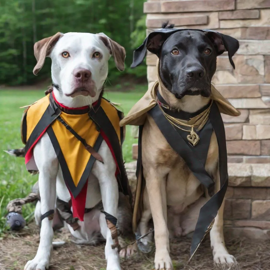 Prompt: black mountain cur dogs LARPing in cosplay