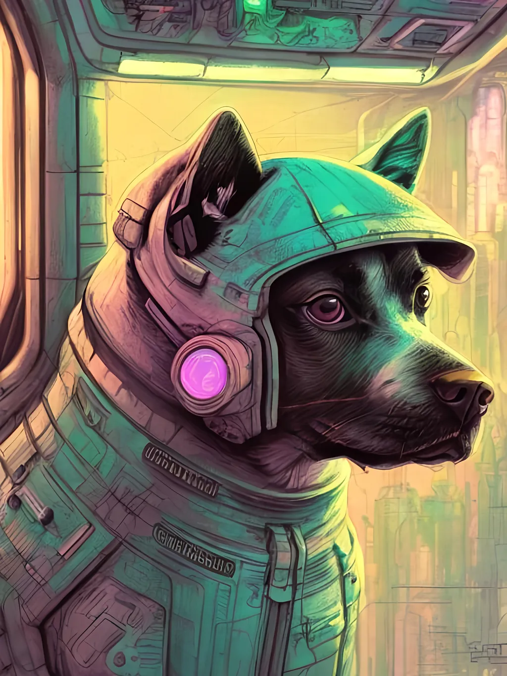 Prompt: chalk pastel style of a  detailed dog in a cyberpunk spaceship, sketch, detailed background, highres, fun atmosphere, natural lighting,  abstract, fun