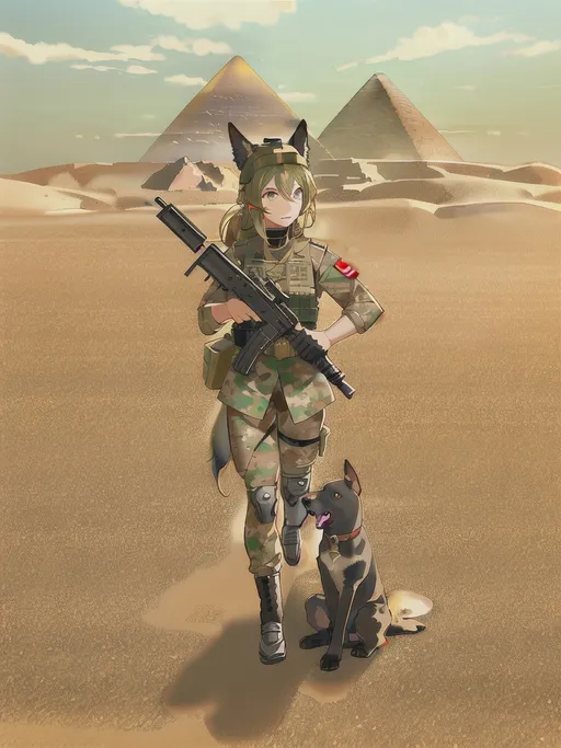 Prompt: black mountain cur dog in military gear in egypt