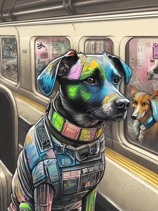 Prompt: pop art chalk pastel art of detailed dog on a train in cyberpunk japan during a festival, sketch, detailed background, highres, fun atmosphere, natural lighting,  abstract, fun