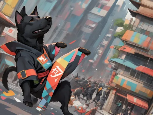 Prompt: black dog wearing ninja clothes having fun in the streets with a battle in the background, dogs, abstract art, Screen print, digital art, 8k resolution trending on Artstation, golden ratio, akira, rule of thirds, geometric bauhaus, Studio Ghibli, Anime Key Visual, by Makoto Shinkai, Deep Color, Intricate, 8k resolution concept art, Natural Lighting, Beautiful Composition