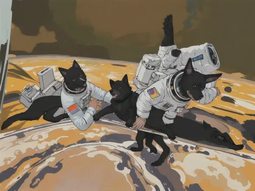 Prompt: abstract style art of black dogs in space in astronaut outfits