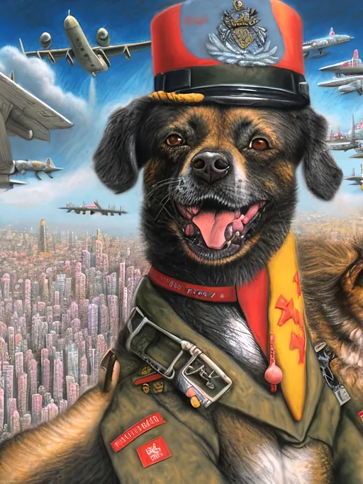 Prompt: Detailed chalk pastel of a dogs in soldier uniforms, detailed background of tokyo japan with airplanes, highres, natural lighting, happy, fun, lively atmosphere, punk