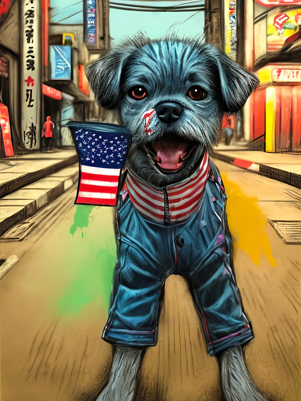 Prompt: pop art chalk pastel art of detailed dog wearing usa clothes playing in the streets in dystopian japan during a festival, sketch, detailed background, highres, fun atmosphere, natural lighting,  abstract, fun