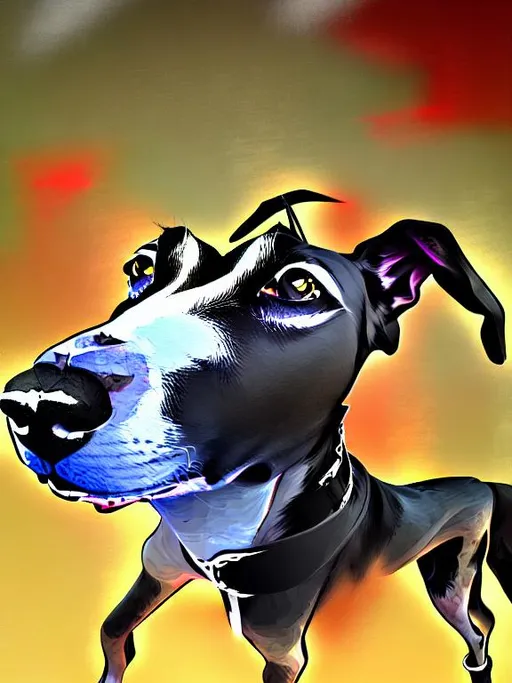 Prompt: mountain cur black dog in gangster clothing abstract art