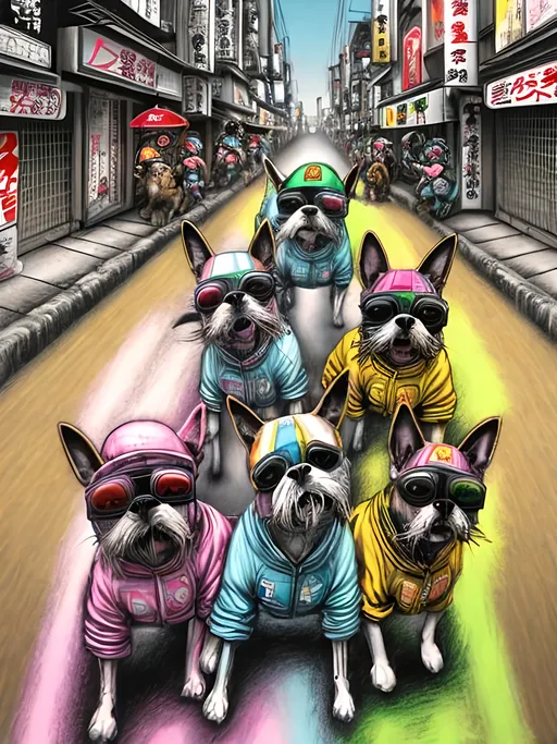 Prompt: pop art chalk pastel art of detailed dogs wearing gangster clothes playing in the streets in japan during a festival, sketch, detailed background, highres, fun atmosphere, natural lighting,  abstract, fun