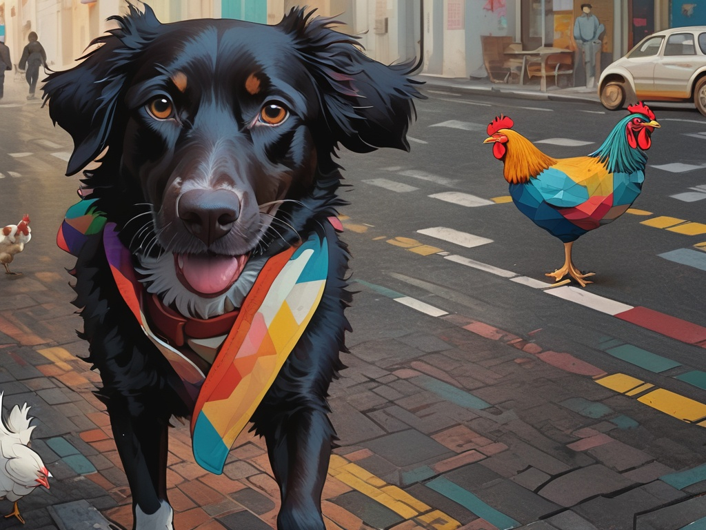 Prompt: a black dog wearing clothes chasing a chicken in the streets, dogs, abstract art, Screen print, splash screen art, triadic colors, digital art, 8k resolution trending on Artstation, golden ratio, akira, symmetrical, rule of thirds, geometric bauhaus, Studio Ghibli, Anime Key Visual, by Makoto Shinkai, Deep Color, Intricate, 8k resolution concept art, Natural Lighting, Beautiful Composition