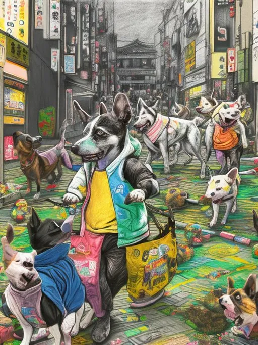 Prompt: pop art chalk pastel art of detailed dogs wearing clothes playing in the streets in japan during a festival, sketch, detailed background, highres, fun atmosphere, natural lighting,  abstract, fun