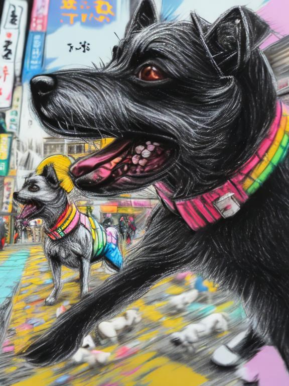 Prompt: pop art chalk pastel art of detailed dogs wearing clothes playing in the streets in japan during a festival, sketch, detailed background, highres, fun atmosphere, natural lighting,  abstract, fun