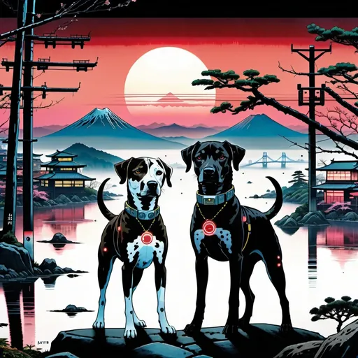 Prompt: black mountain cur dogs in cyberpunk hiroshige