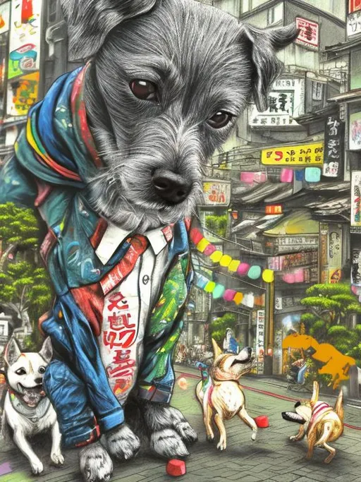 Prompt: pop art chalk pastel art of detailed dogs wearing clothes playing in the streets in japan during a festival, sketch, detailed background, highres, fun atmosphere, natural lighting,  abstract, fun