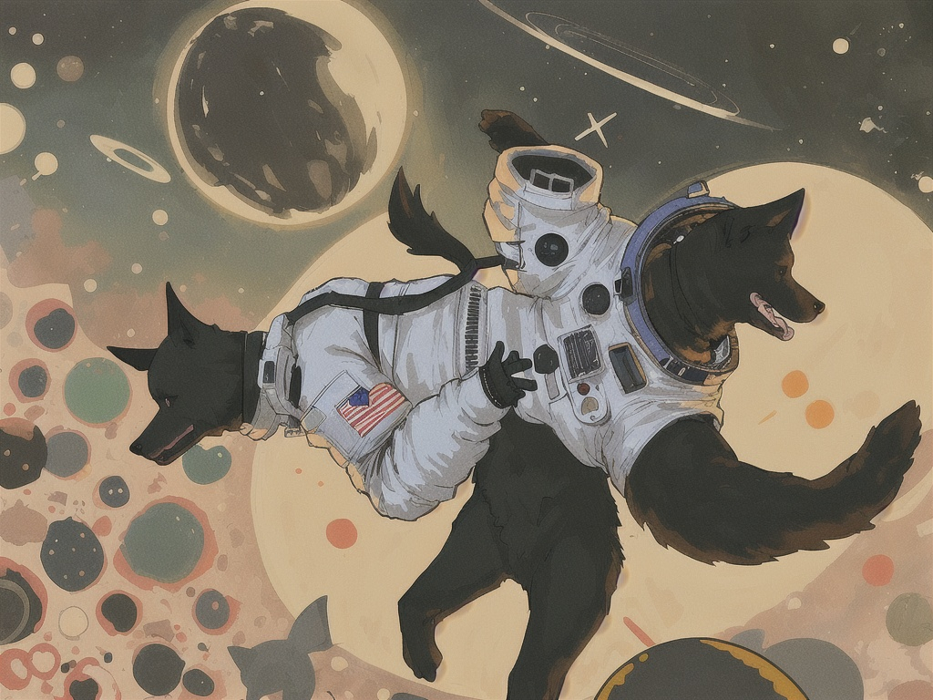 Prompt: abstract style art of black dogs in space in astronaut outfits