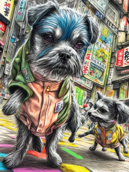 Prompt: pop art chalk pastel art of detailed dogs wearing clothes playing in the streets in japan during a festival, sketch, detailed background, highres, fun atmosphere, natural lighting,  abstract, fun