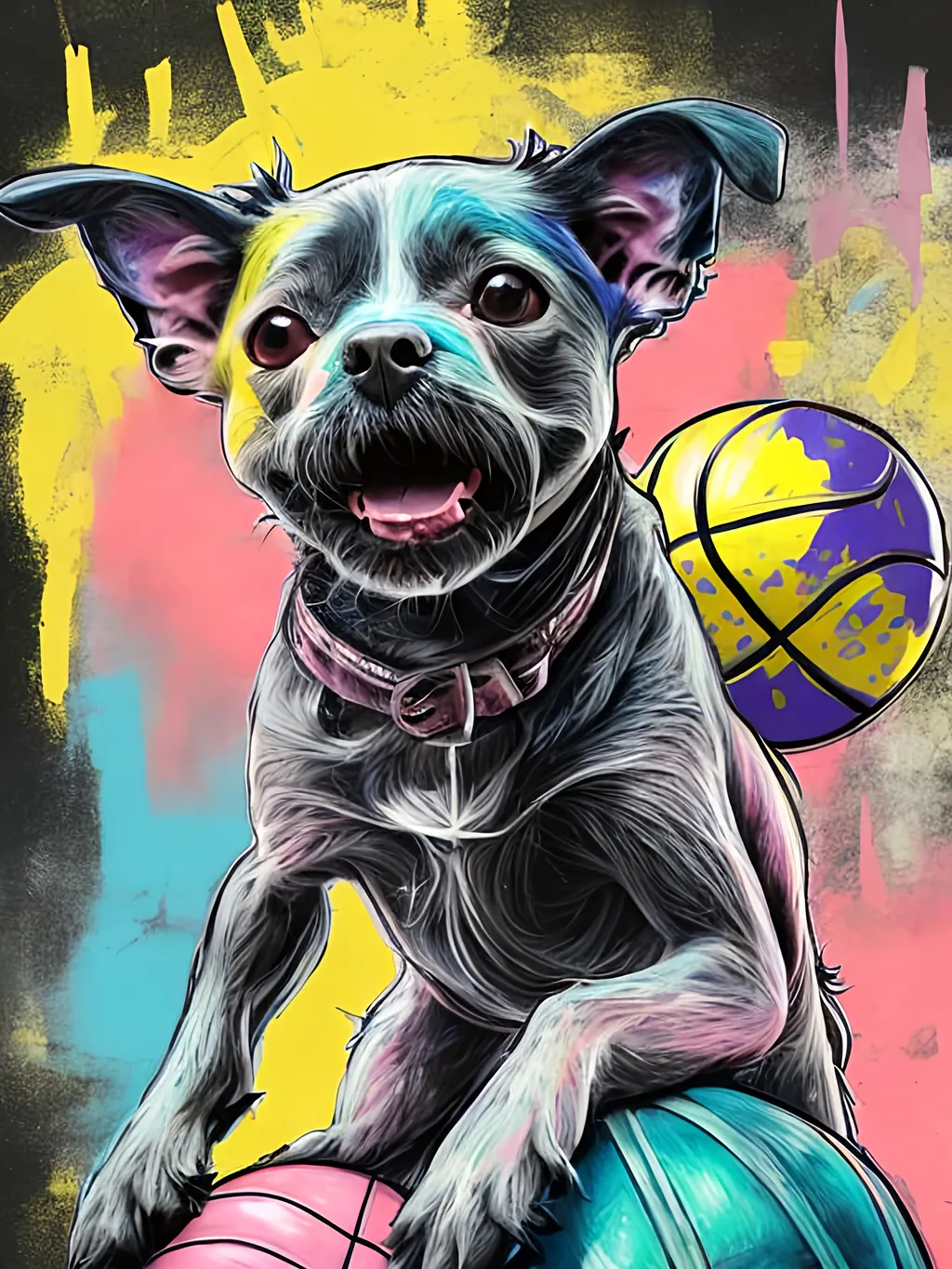 Prompt: pop art chalk pastel art of detailed dog at a basket ball game in cyberpunk japan, sketch, detailed background, highres, fun atmosphere, natural lighting,  abstract, fun