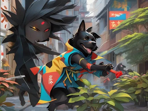 Prompt: black dog wearing ninja clothes having fun in the streets with a battle in the background, dogs, abstract art, Screen print, digital art, 8k resolution trending on Artstation, golden ratio, akira, rule of thirds, geometric bauhaus, Studio Ghibli, Anime Key Visual, by Makoto Shinkai, Deep Color, Intricate, 8k resolution concept art, Natural Lighting, Beautiful Composition