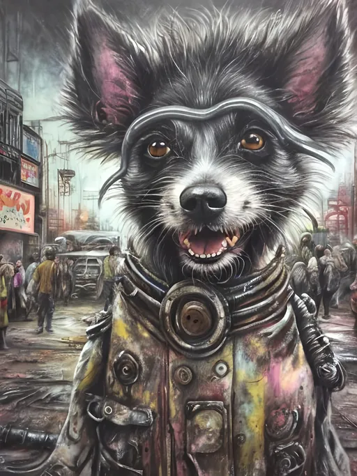 Prompt: Detailed happy dog at a circus, post-apocalyptic Japan festival, sketch, chalk pastel, detailed planes, grunge, highres, abstract, natural lighting, lively atmosphere, fun, vibrant, happy-go-lucky, detailed dogs, detailed eyes, detailed fur, festive, flying, post-apocalyptic, Japan, sketch art, chalk pastel, detailed background, grunge style, abstract art, high quality, natural lighting