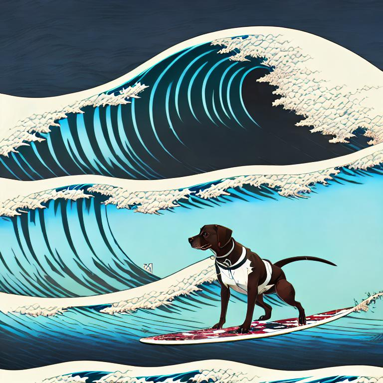 Prompt: black mountain cur dogs surfing in hiroshige wave wearing pro trump clothes