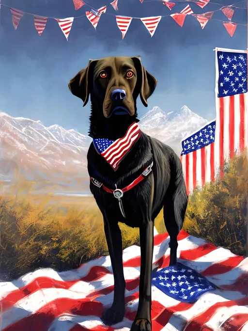 Prompt: a detailed mountain cur black dog wearing usa clothes at a market, pop art chalk pastel, detailed background, high res, fun