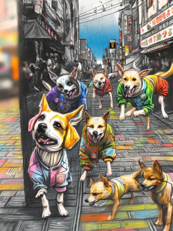 Prompt: pop art chalk pastel art of detailed dogs wearing clothes playing in the streets in japan during a festival, sketch, detailed background, highres, fun atmosphere, natural lighting,  abstract, fun