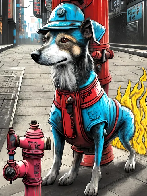 Prompt: pop art chalk pastel art of detailed dog taking a piss on a fire hydrant in cyberpunk japan during a festival, sketch, detailed background, highres, fun atmosphere, natural lighting,  abstract, fun