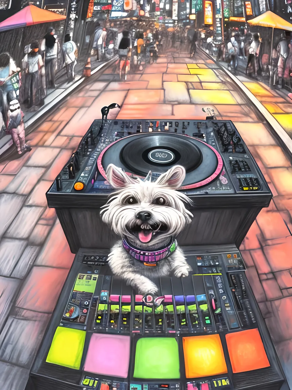 Prompt: chalk pastel art of detailed dog DJing in the streets in Japan during a festival, sketch, detailed background, highres, fun atmosphere, natural lighting,  abstract, fun