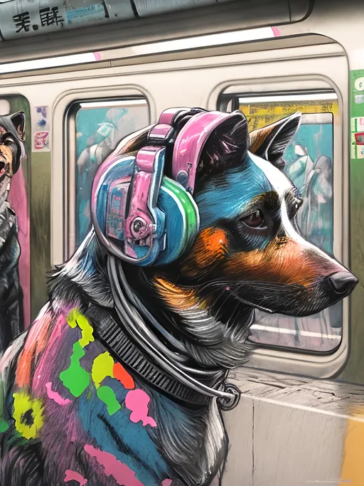 Prompt: pop art chalk pastel art of detailed dog on a train in cyberpunk japan during a festival, sketch, detailed background, highres, fun atmosphere, natural lighting,  abstract, fun