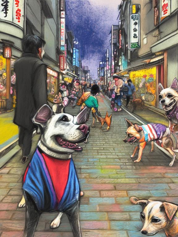 Prompt: pop art chalk pastel art of detailed dogs wearing clothes playing in the streets in japan during a festival, sketch, detailed background, highres, fun atmosphere, natural lighting,  abstract, fun