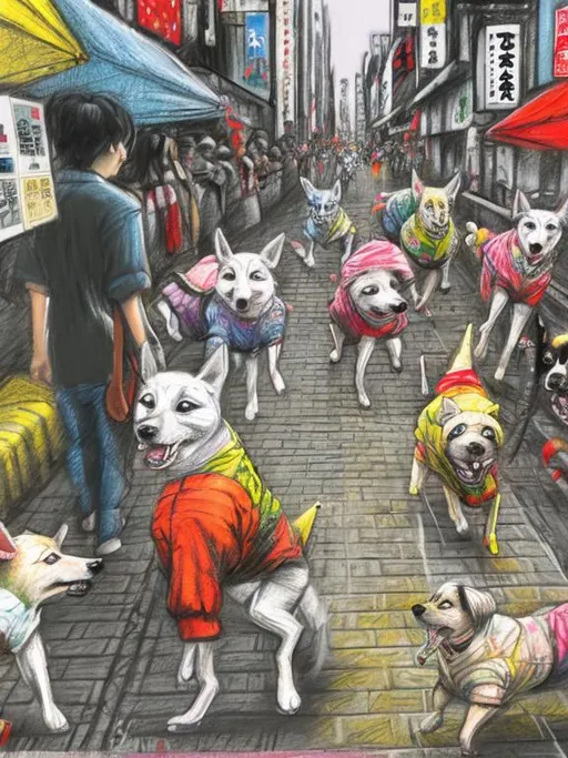 Prompt: pop art chalk pastel art of detailed dogs wearing clothes playing in the streets in japan during a festival, sketch, detailed background, highres, fun atmosphere, natural lighting,  abstract, fun