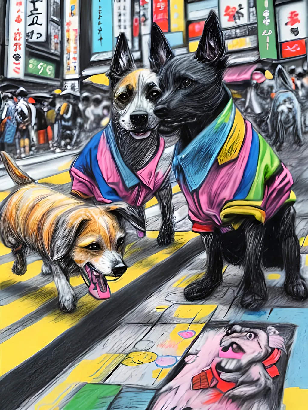 Prompt: pop art chalk pastel art of detailed dogs wearing clothes playing in the streets in japan during a festival, sketch, detailed background, highres, fun atmosphere, natural lighting,  abstract, fun