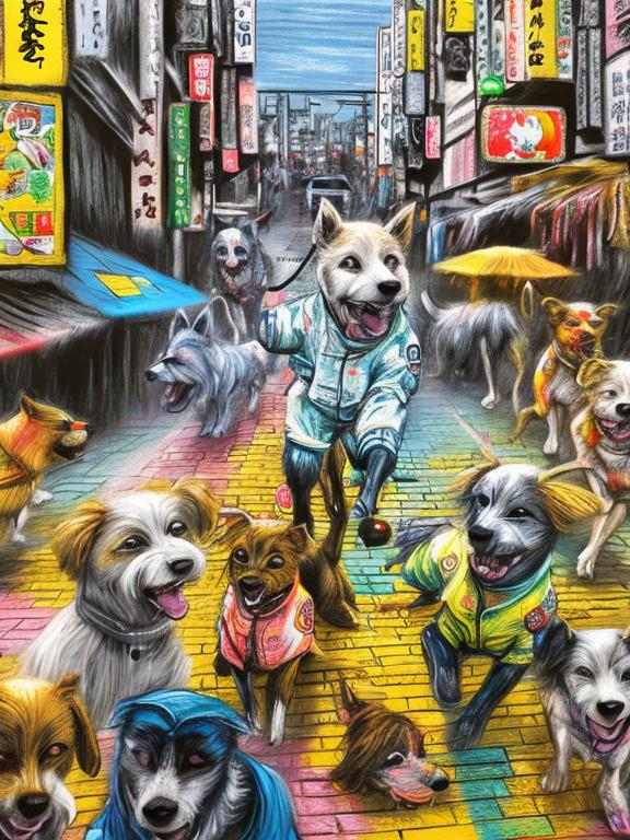 Prompt: pop art chalk pastel art of detailed dogs wearing clothes playing in the streets in japan during a festival, sketch, detailed background, highres, fun atmosphere, natural lighting,  abstract, fun