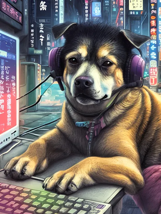 Prompt: chalk pastel art of a detailed dog hacking a computer on the streets in cyberpunk japan with planes in the background, sketch, detailed background, highres, fun atmosphere, natural lighting,  abstract, fun