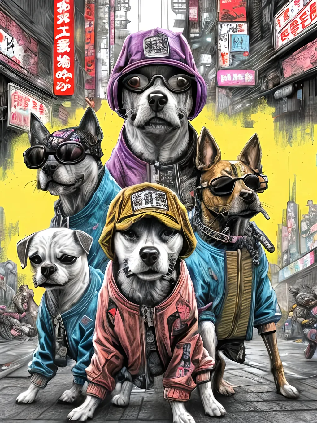 Prompt: pop art chalk pastel art of detailed dogs wearing gangster clothes playing in the streets in cyberpunk japan during a festival, sketch, detailed background, highres, fun atmosphere, natural lighting,  abstract, fun